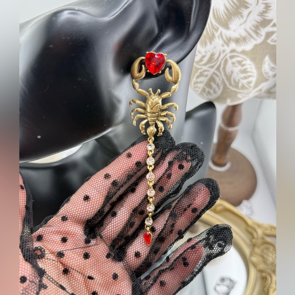 Gothic Scorpion Drop Earrings | Red Crystal Heart & Rhinestone Tail - Picture 9 of 12